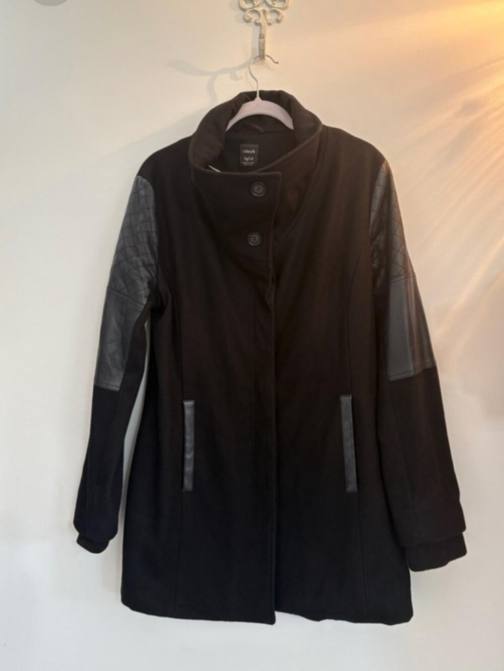 RILEYK Black Wool-Blend Coat with Quilted Faux-Leather Sleeves